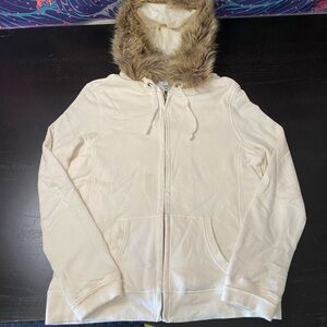 GAP Cream Zip Hoodie with Faux Fur Trim